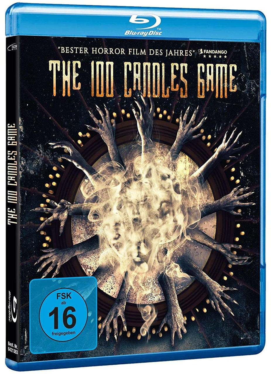 Blu-ray-Disc-Cover: Hände, die auf ein Gesicht zustreben, mit dem Titel 'The 100 Candles Game'.