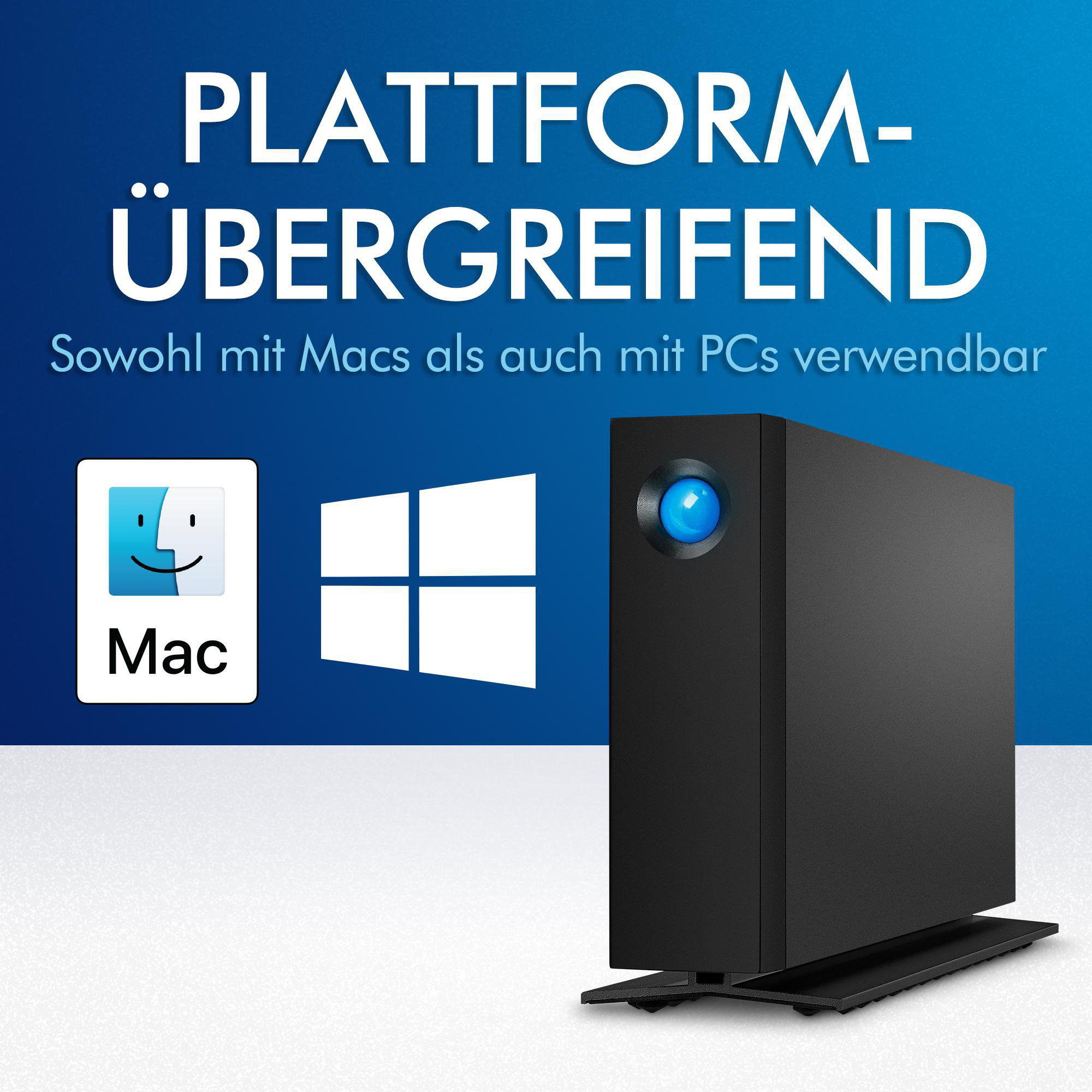 Schwarze externe Festplatte. Mac- und Windows-Symbole, die Festplatte hat ein blaues Licht.
