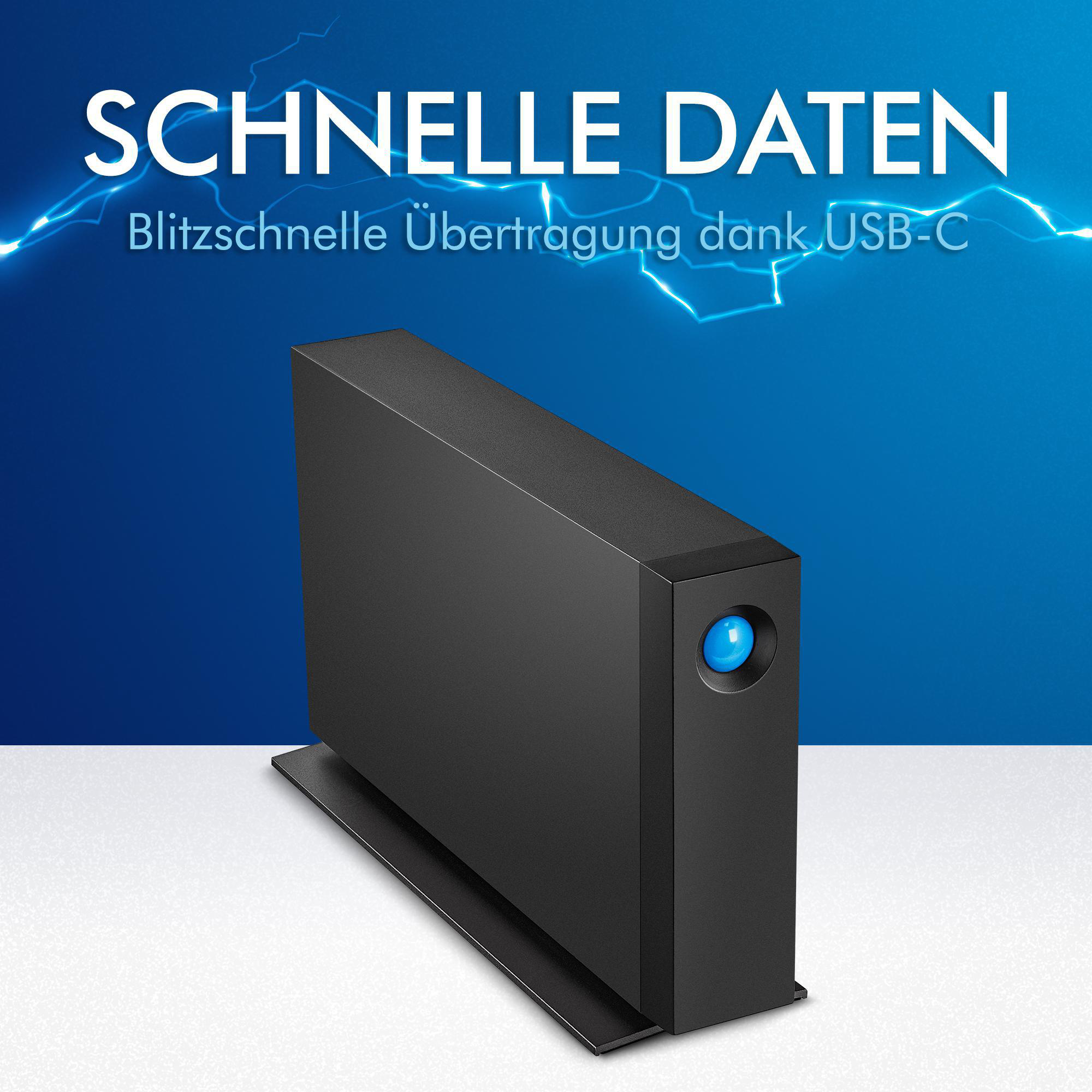 Schwarzes Datenspeichergerät mit blauem Licht auf der Vorderseite, Text: 'SCHNELLE DATEN'.