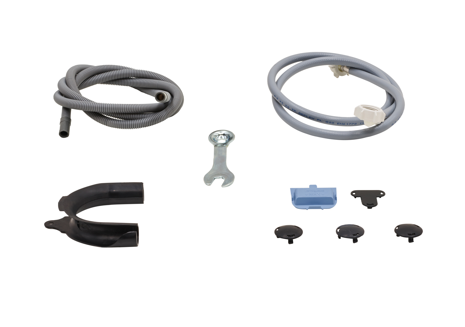 Diverse loodgieters- en wasmachinedelen: slangen, een sleutel, clips en knoppen.