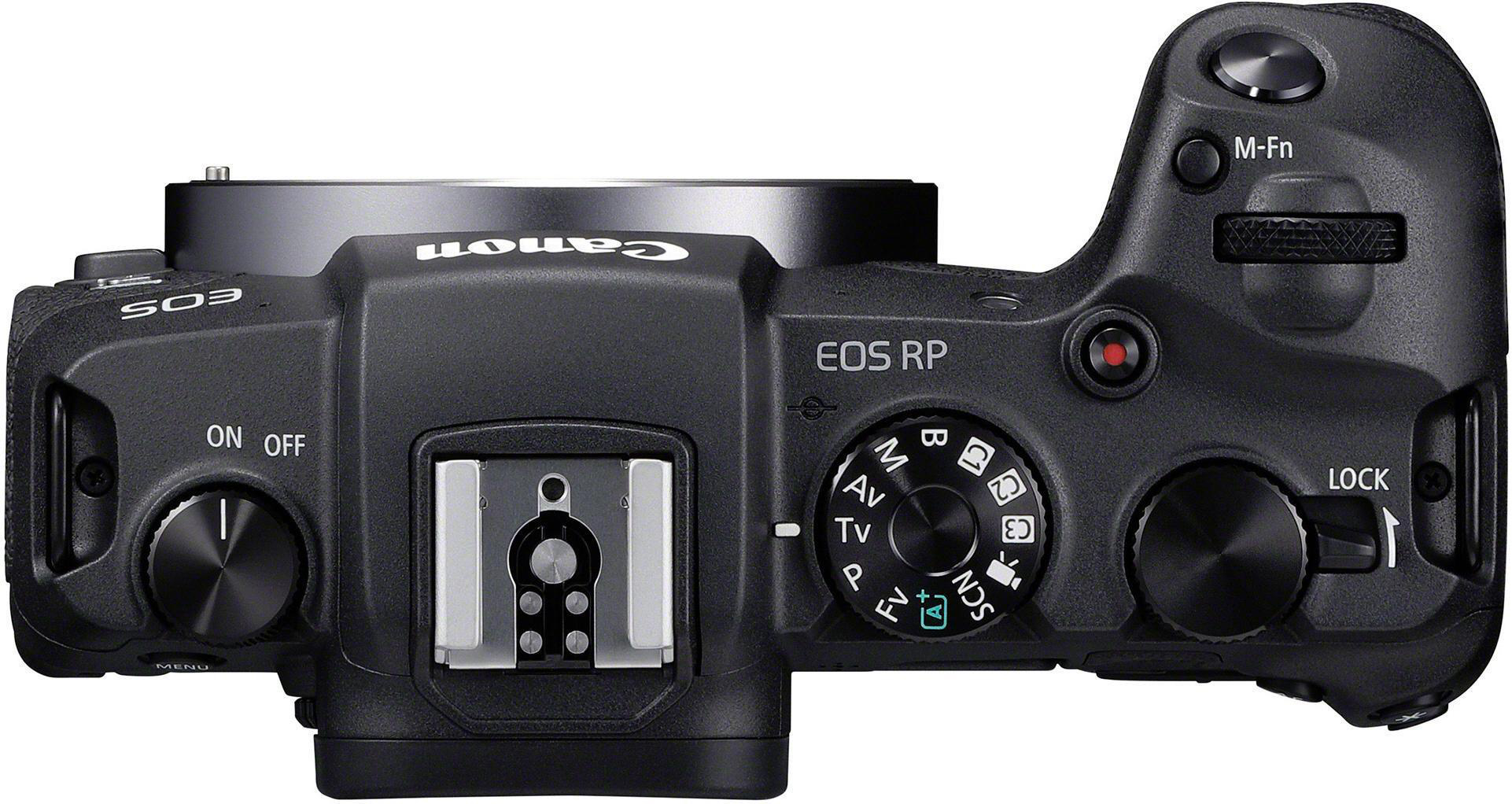 Draufsicht auf eine schwarze Canon EOS RP Kamera, Tasten und Räder.