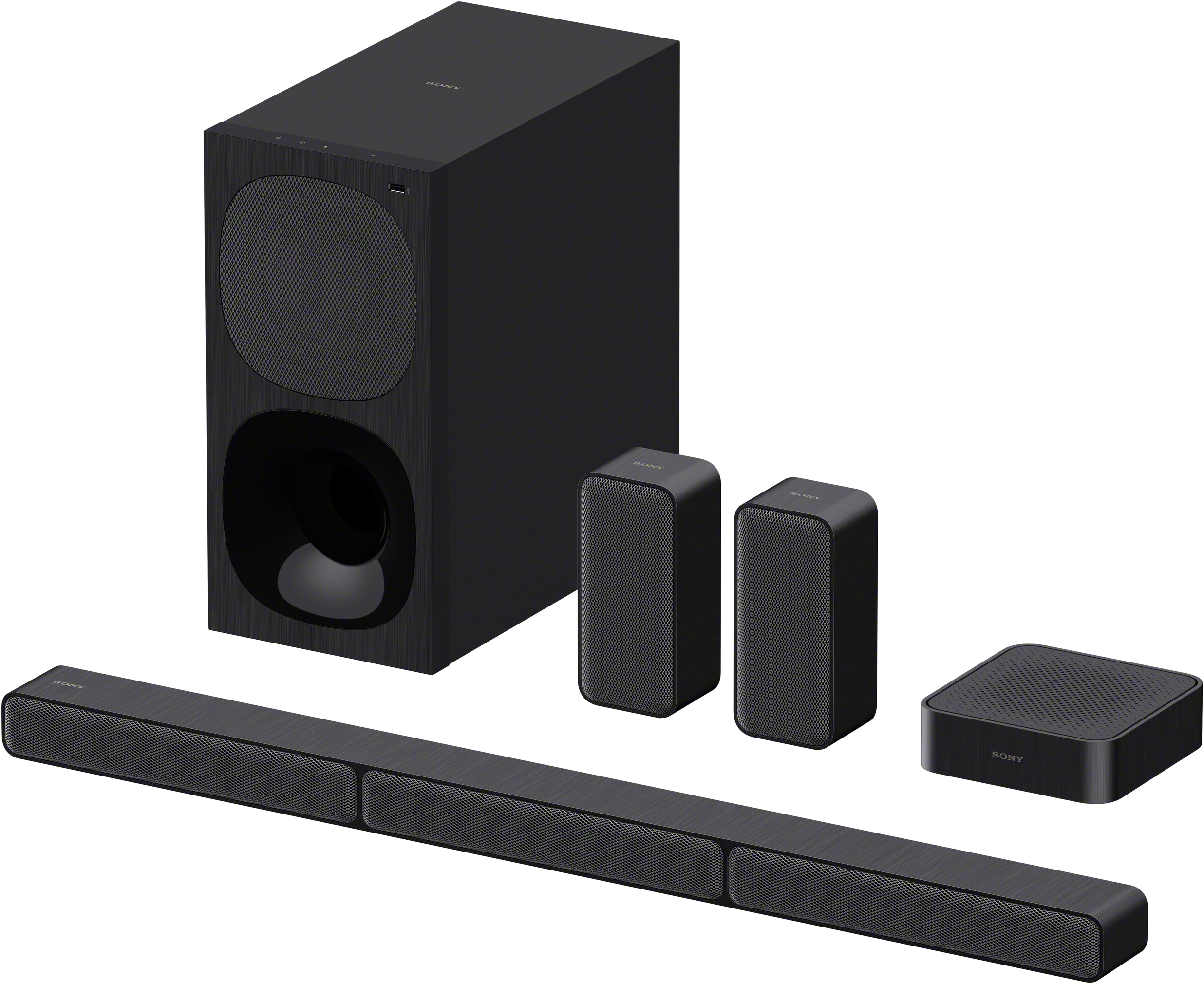 Fekete házimozi rendszer. Mélynyomó, soundbar és két szatellit hangszóró.