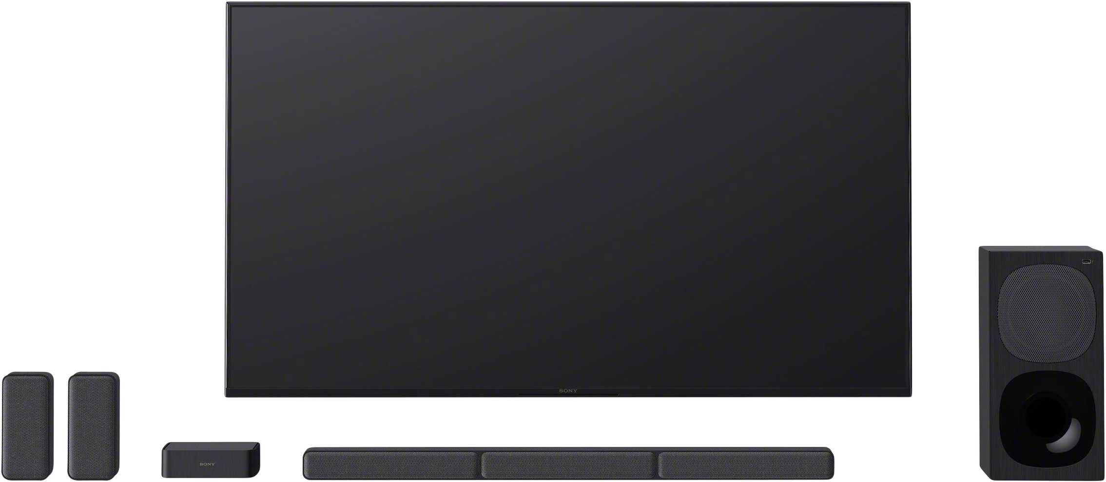 Fekete Sony TV hangrendszerrel: két kis hangszóró, egy soundbar, egy mélynyomó és egy központi hangszóró.