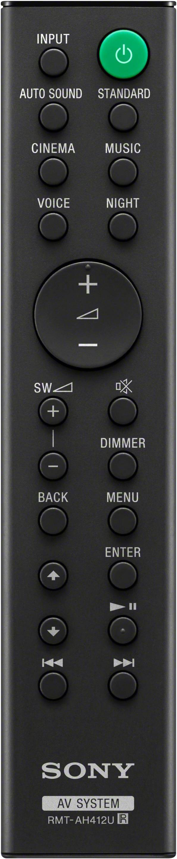 Egy fekete Sony távirányító több gombbal, beleértve a bemenet, a menü és a navigációs vezérlőket.