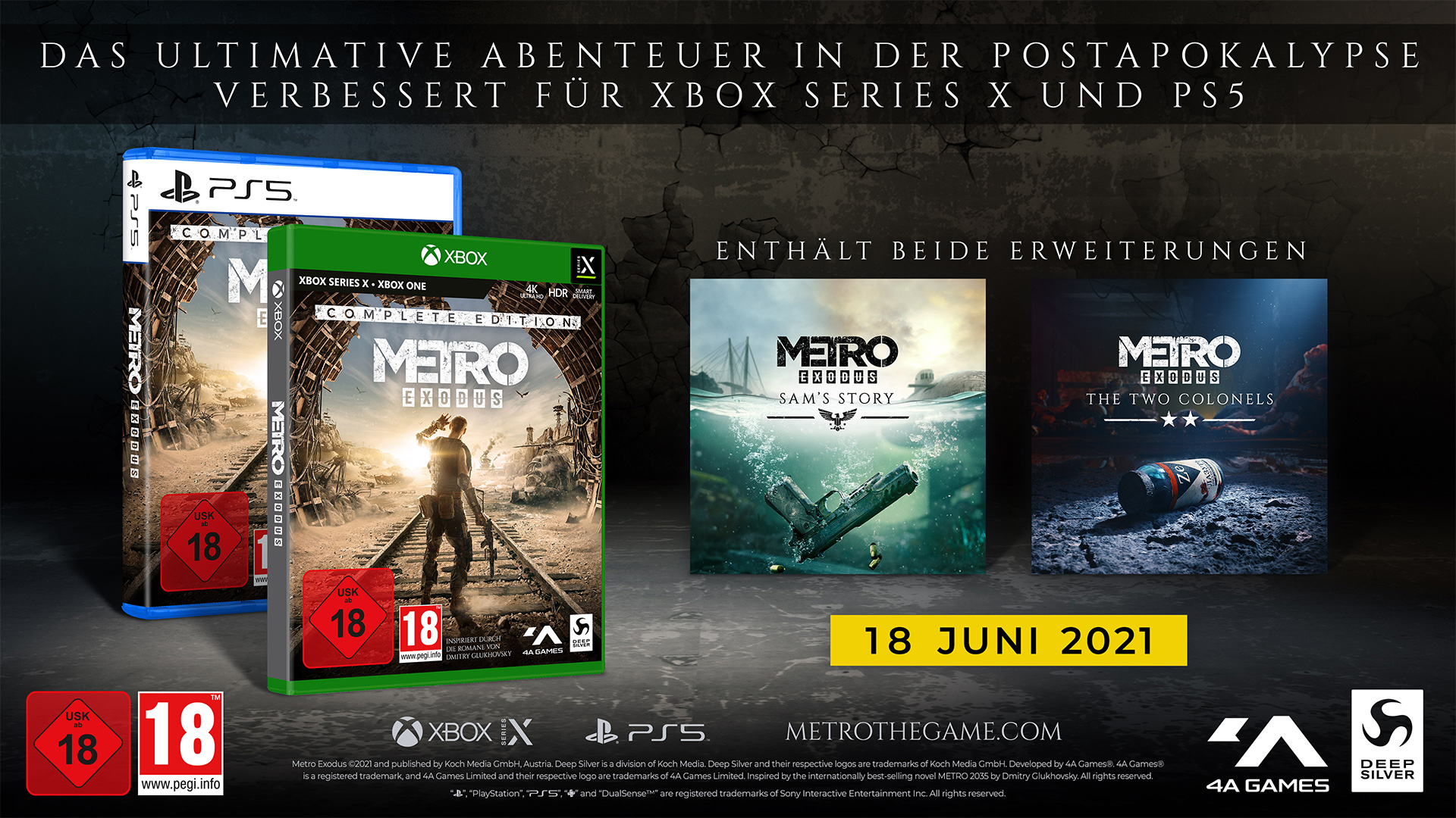 Scatole di gioco per Metro Exodus su PS5 e Xbox Series X|S con artwork.