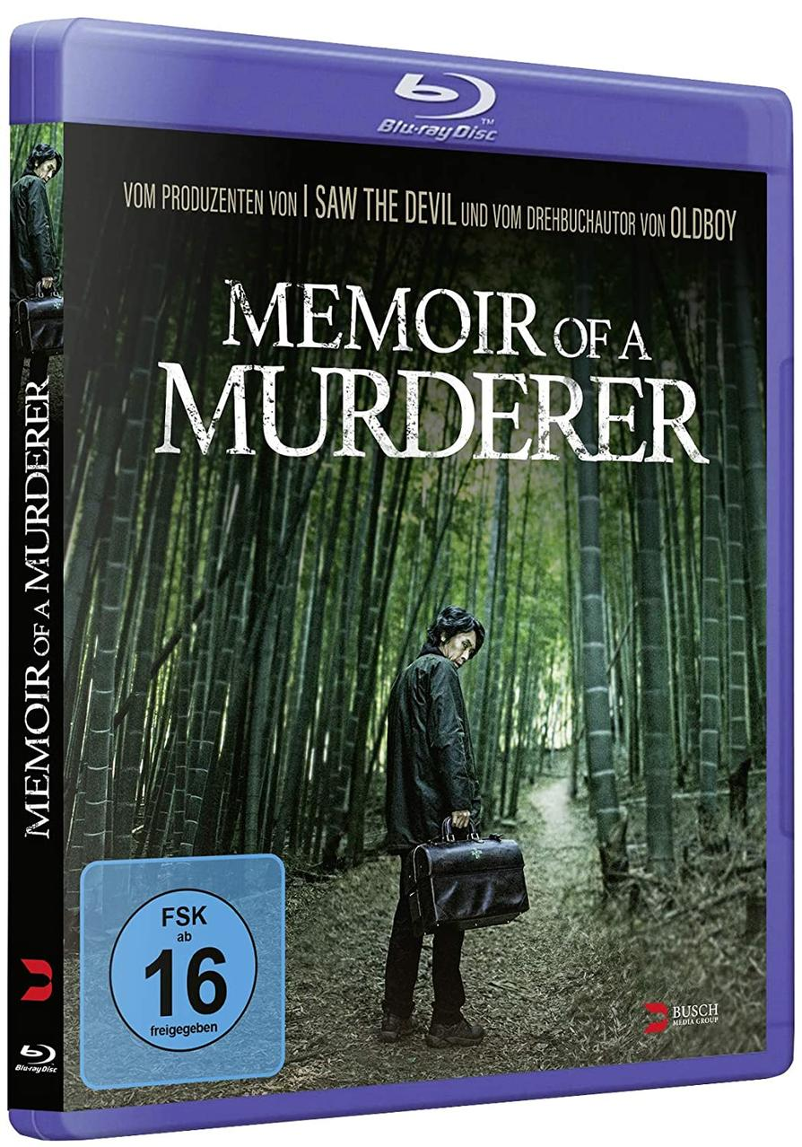 Blu-ray-Hülle von 'Memoir of a Murderer'. Mann im Wald, Filmtitel in Weiß.