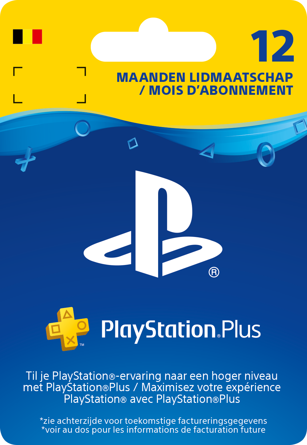 PlayStation Plus 12 maanden lidmaatschap met Belgische vlag.