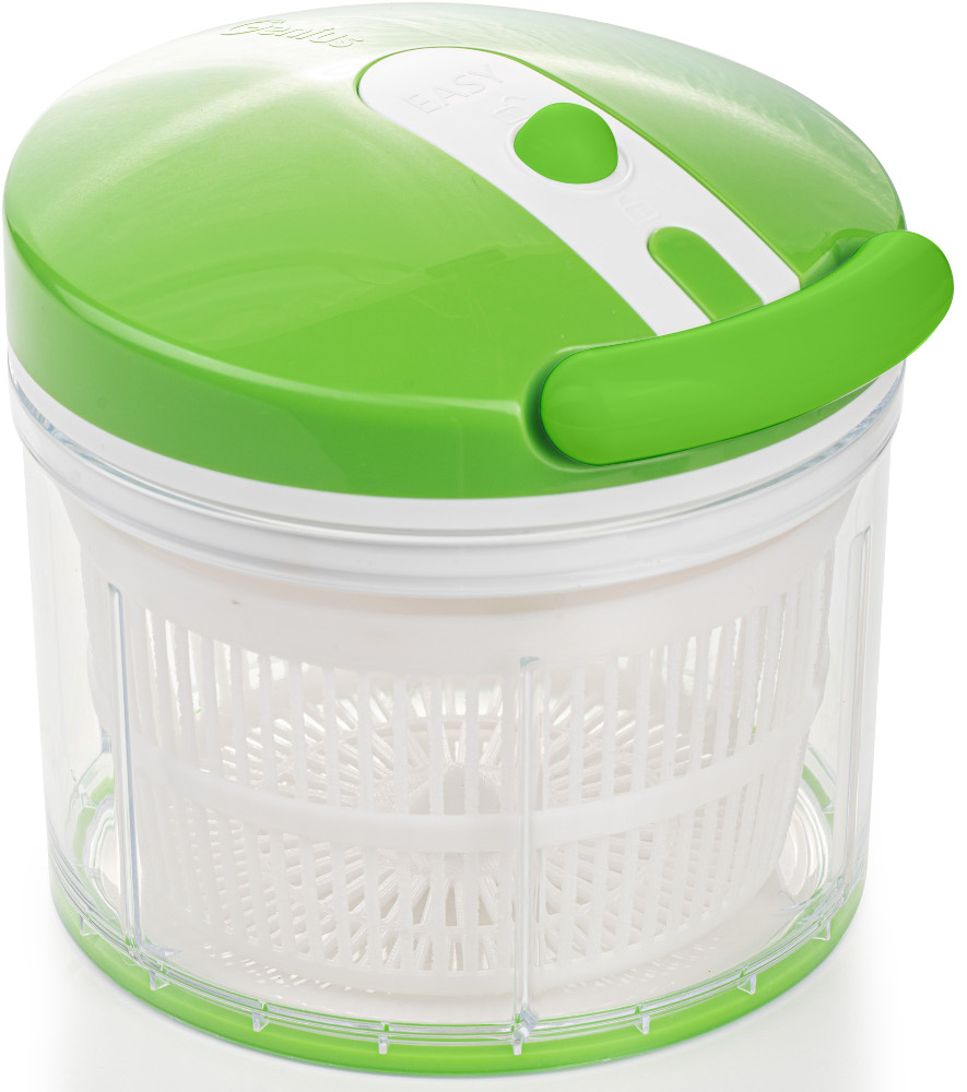 Une essoreuse à salade verte et blanche. Le couvercle est vert, le récipient est blanc et transparent.
