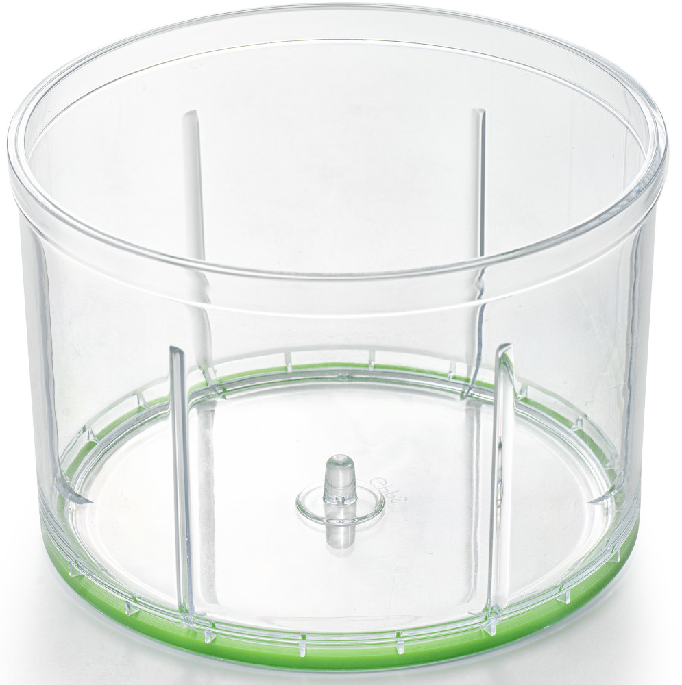 Récipient de hachoir alimentaire en plastique transparent avec bord vert.
