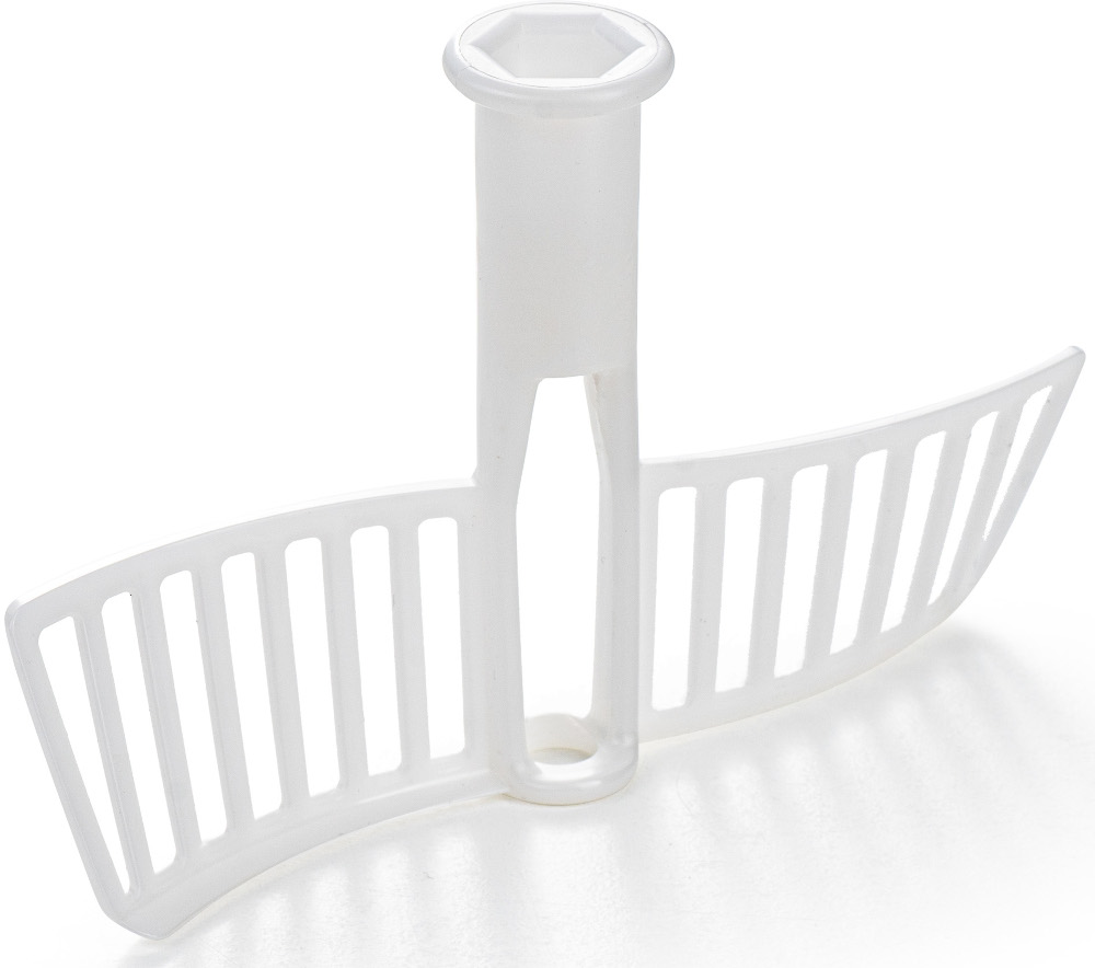 Lame de hachoir en plastique blanc. Elle possède un poteau central et deux lames courbes avec des fentes verticales.