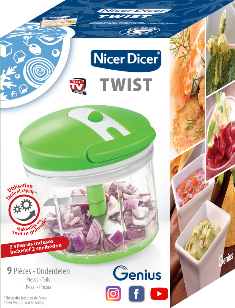 Hachoir alimentaire vert et transparent avec oignons rouges hachés et salsa.