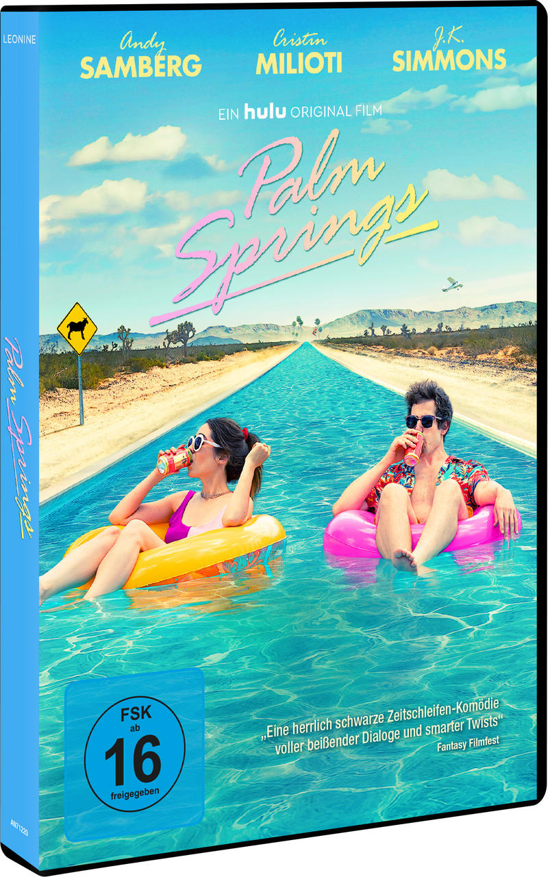 DVD-Cover für den Film 'Palm Springs'. Zeigt zwei Personen in Pools. Titel und Schauspieler sind sichtbar.