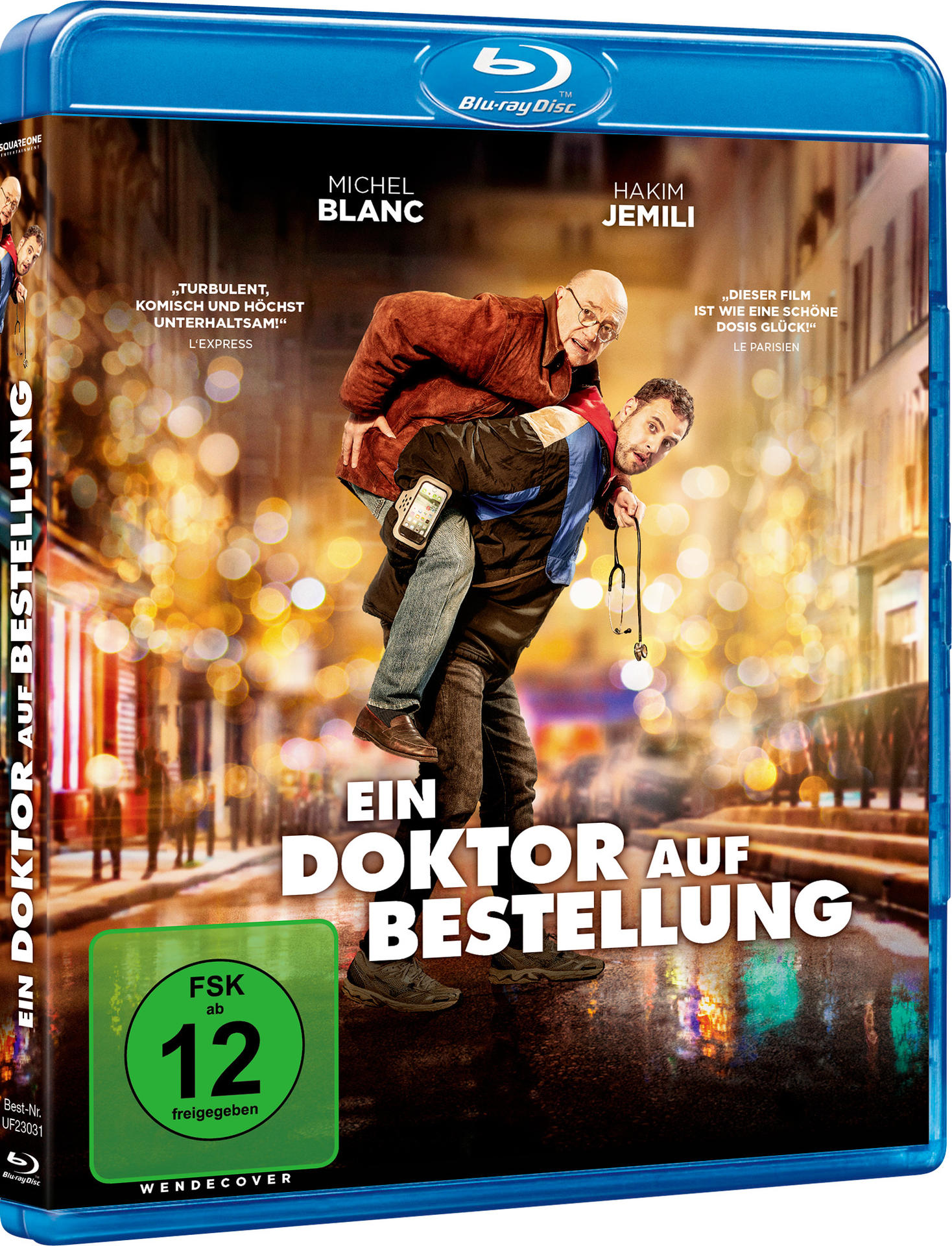 Blu-ray-Cover mit zwei Männern, einer auf dem Rücken des anderen, und dem Titel 'Ein Doktor auf Bestellung'.