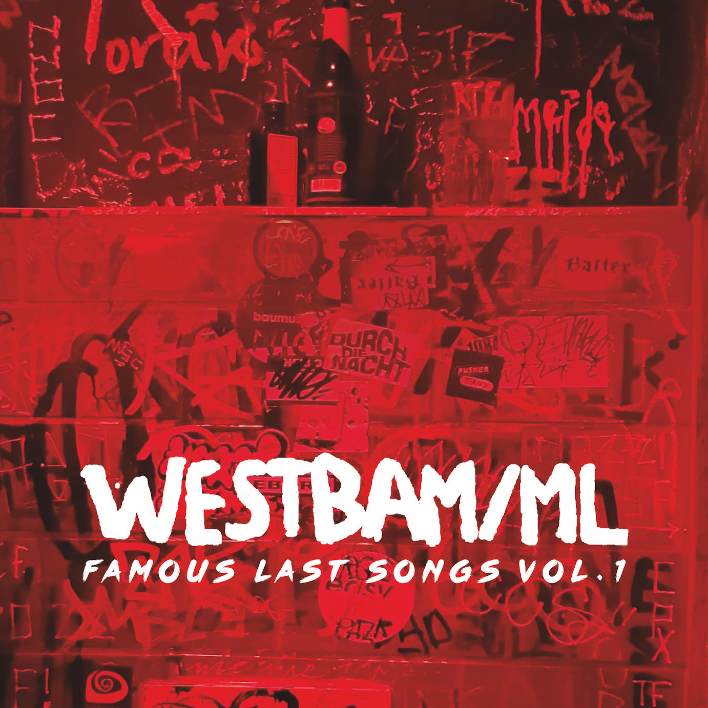 Albumcover: Roter Hintergrund mit Graffiti und Text in Weiß.