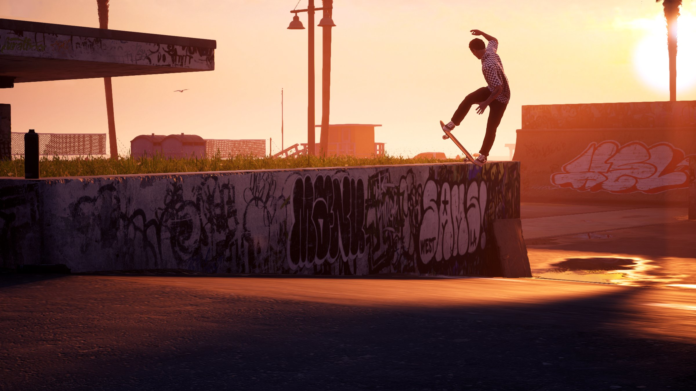 Skateur en l'air exécutant une figure sur un mur graffé.