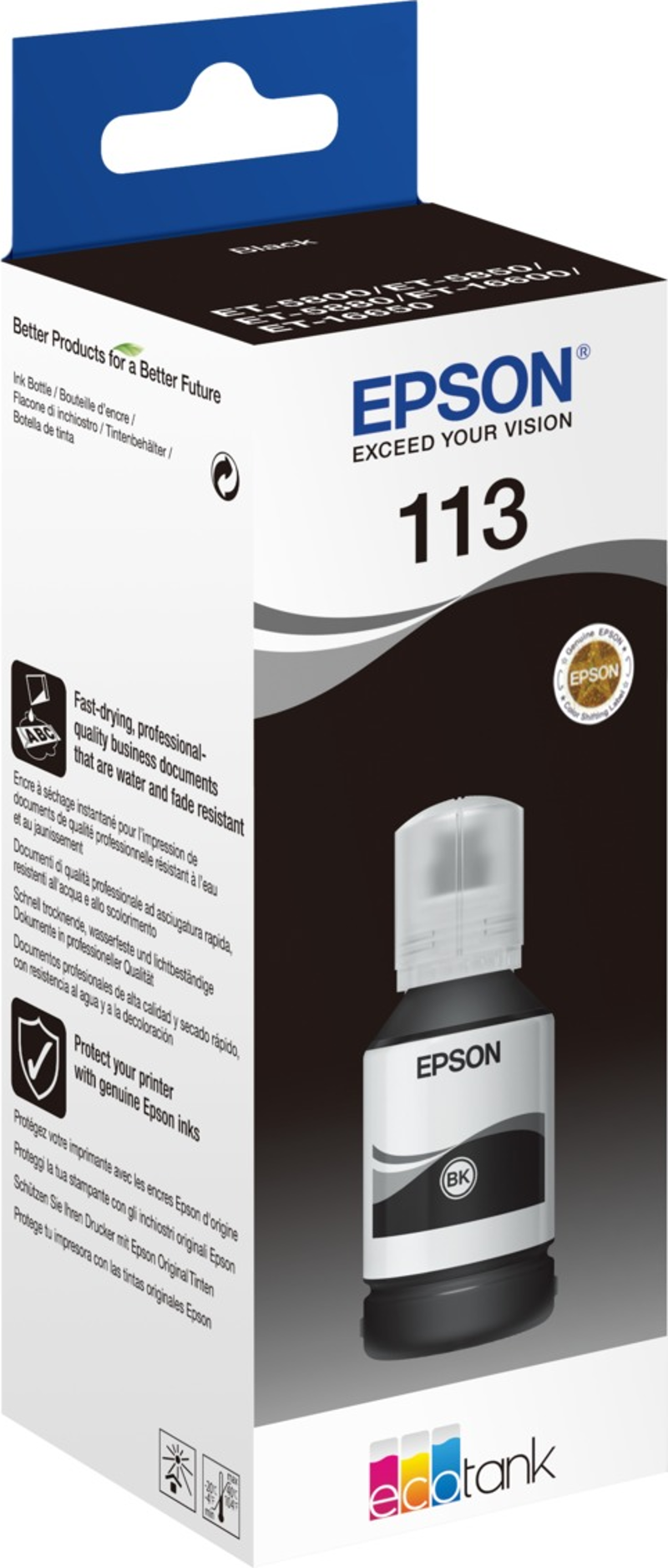 Epson 113 schwarze Tintenflasche in ihrer Verpackung, mit Text in mehreren Sprachen.