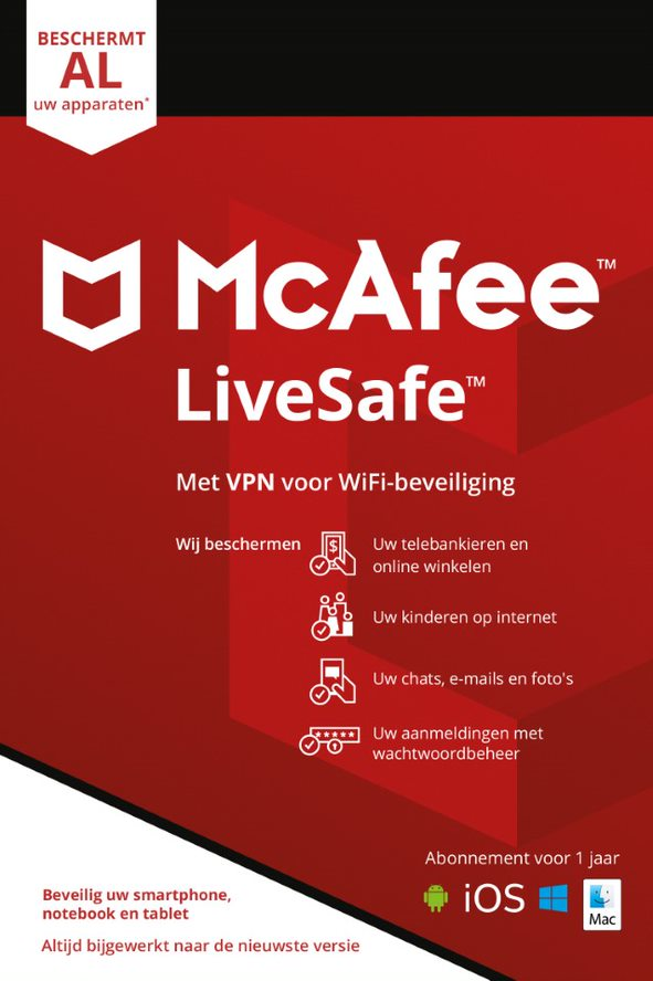 Publicité McAfee LiveSafe. Fond rouge avec texte et icônes, pour sécuriser les appareils.
