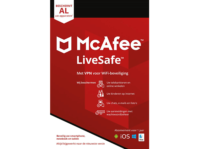 Mcafee® Livesafe (onbeperkt Aantal Apparaten) + Vpn (5 Apparaten) Antivirus- En Internetbeveiligingssoftware Wachtwoordbeheer Eenjarig Abonnement