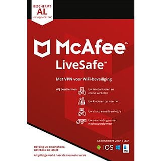 McAfee® LiveSafe (onbeperkt aantal apparaten) + VPN (5 apparaten), antivirus- en internetbeveiligingssoftware, wachtwoordbeheer, eenjarig abonnement 