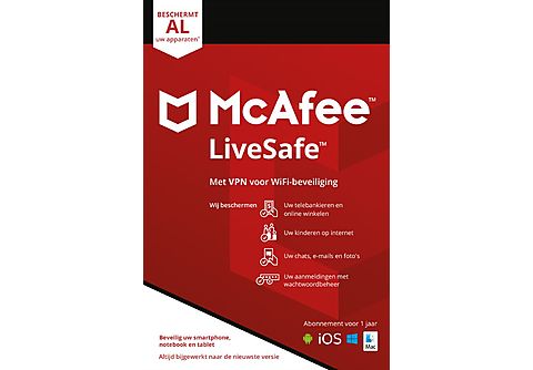 McAfee® LiveSafe pour un nombre illimité d'appareils + VPN pour 5 appareils, Antivirus et sécurité Internet, gestionnaire de mots de passe, 1 an