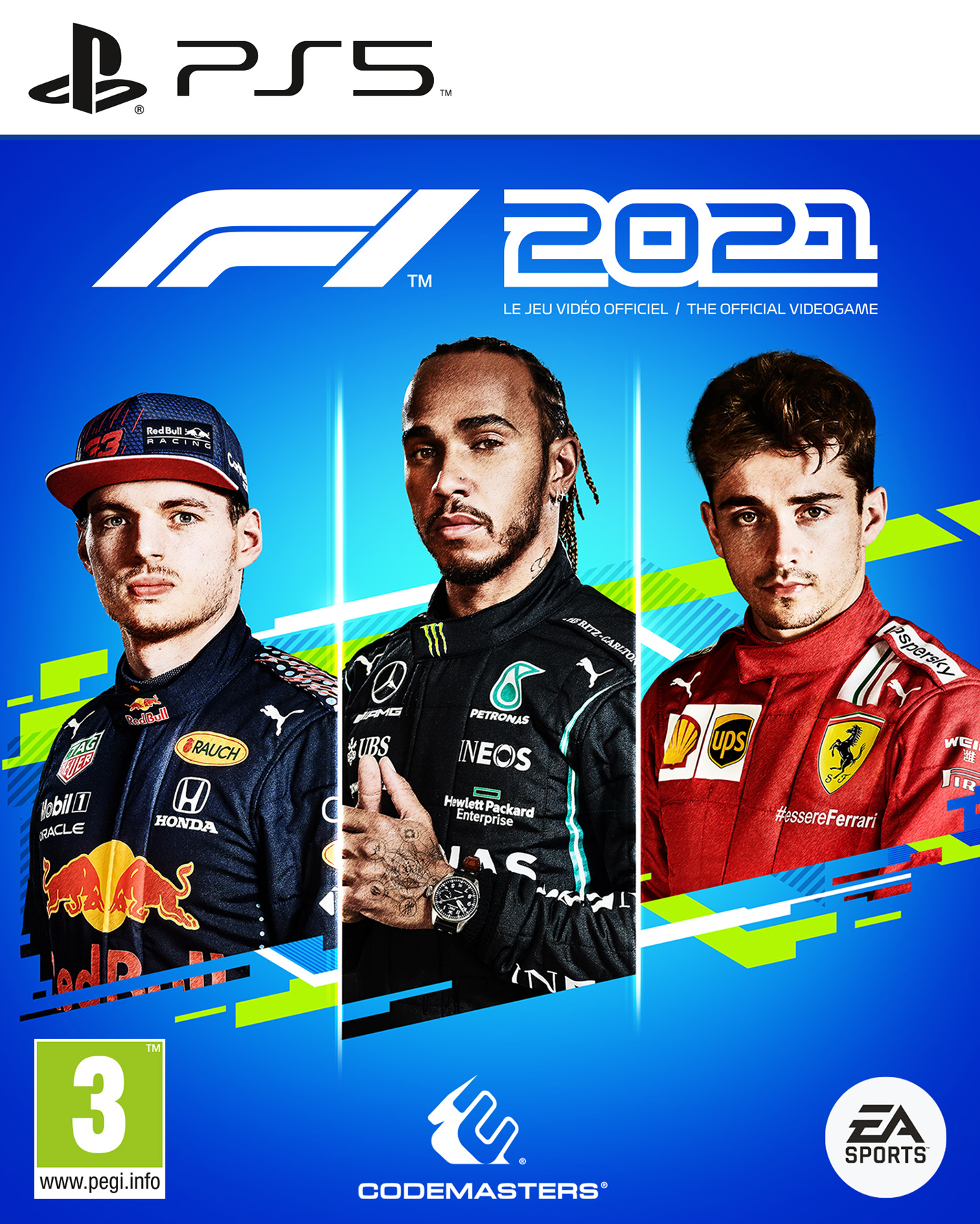 Couverture du jeu F1 2021 avec Max Verstappen, Lewis Hamilton et Charles Leclerc.