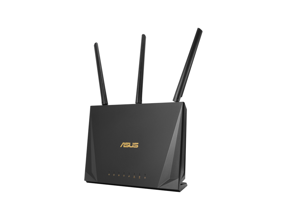 Router ASUS negro con tres antenas. Logotipo ASUS en dorado. Fondo negro.