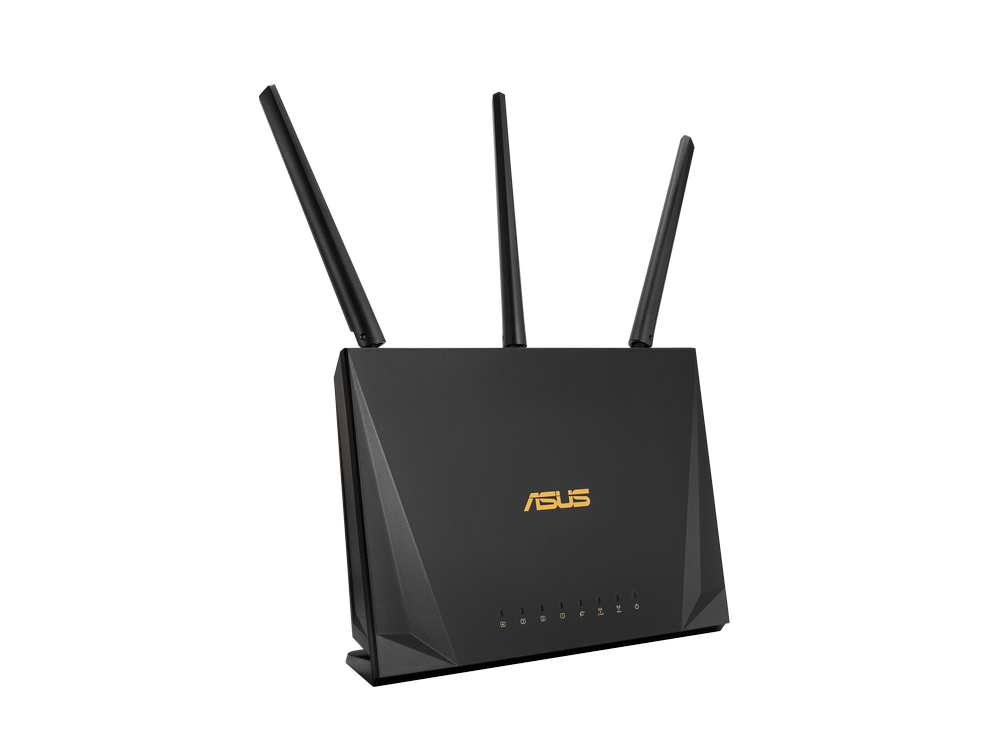 Router ASUS negro con tres antenas sobre un fondo oscuro, mostrando el logotipo de la marca.