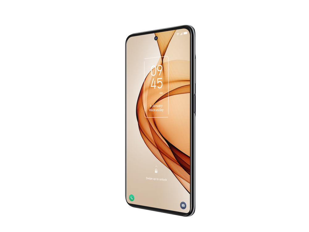Smartphone con pantalla que muestra un diseño. El teléfono es negro y gris.