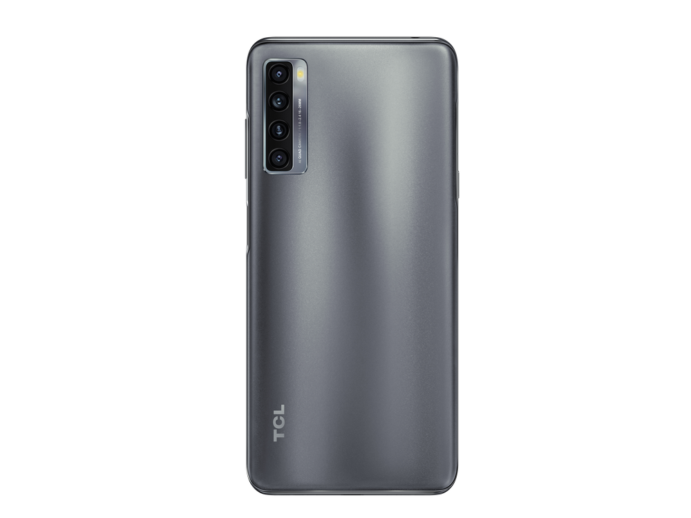 La parte trasera de un teléfono TCL gris con varias cámaras. El logo de TCL está en la parte inferior.