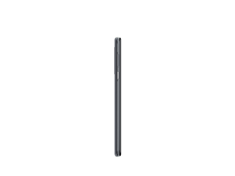 Un smartphone delgado, de color oscuro, visto de lado, sobre un fondo negro.