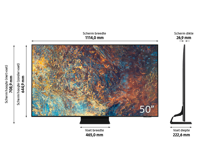 50" zwarte tv toont een kleurrijke abstracte afbeelding. Afmetingen en standaard zichtbaar op zwarte achtergrond.