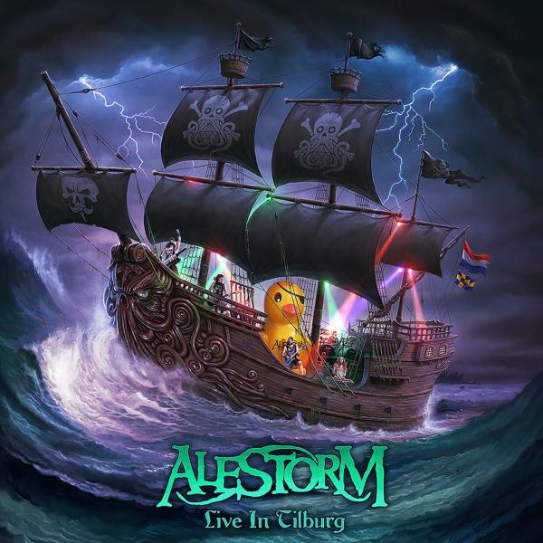 Album borító: Kalózhajó gumikacsával. Alestorm zenekar neve, Live in Tilburg, villámlással.