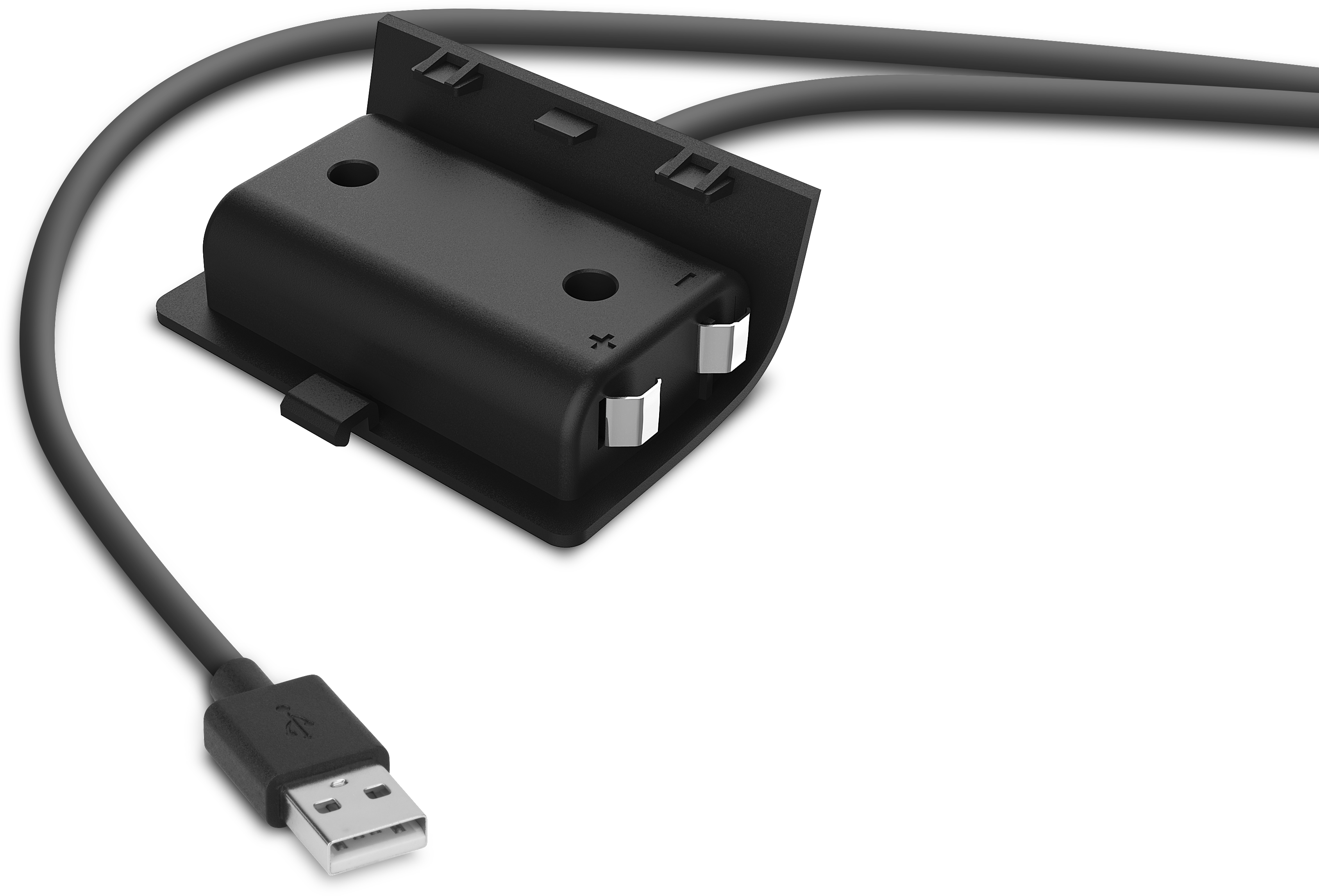 Schwarze Ladestation mit angeschlossenem USB-Kabel. Hintergrund: Weiß.