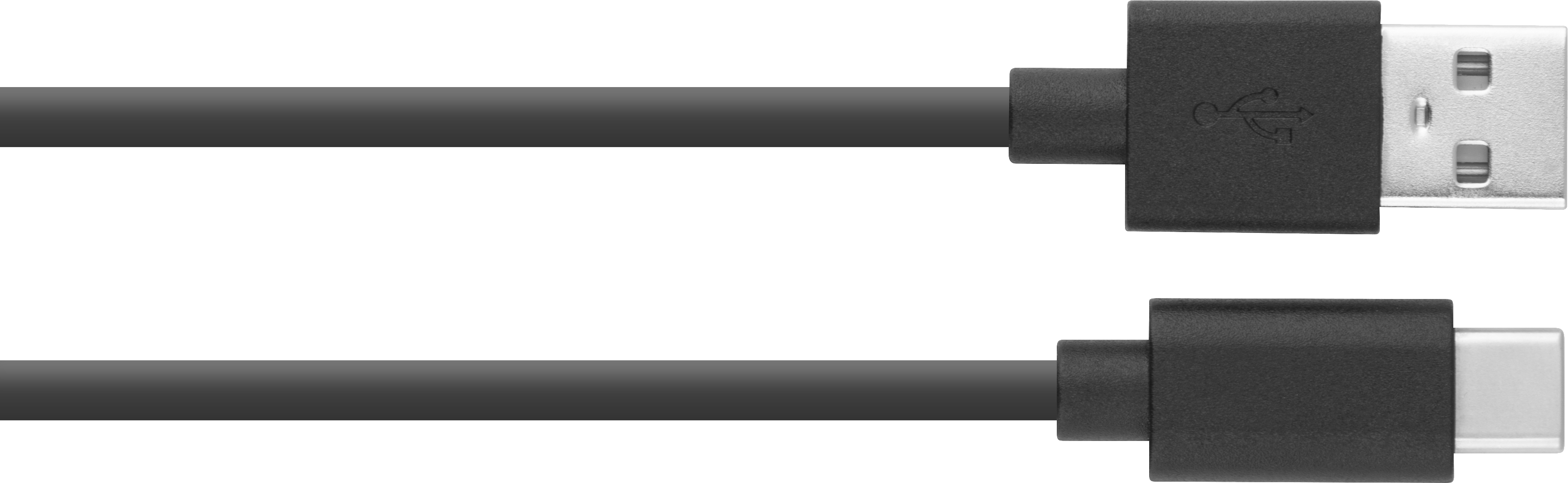 Schwarzes USB-zu-USB-C-Kabel. USB- und USB-C-Anschlüsse sind abgebildet. Weißer Hintergrund.