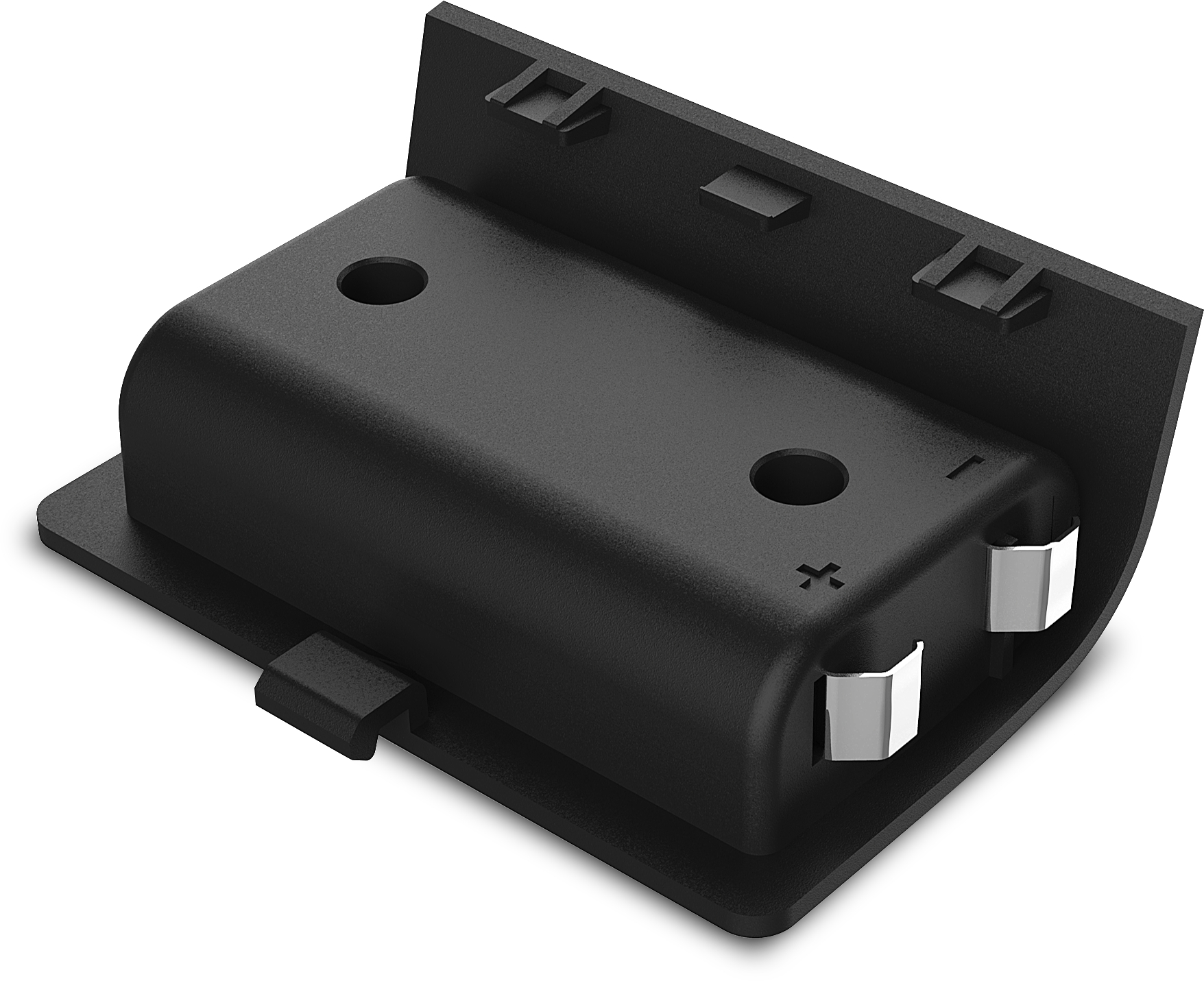 Ein schwarzer Batteriehalter mit zwei Metallkontakten, die Plus- und Minuszeichen sind sichtbar.