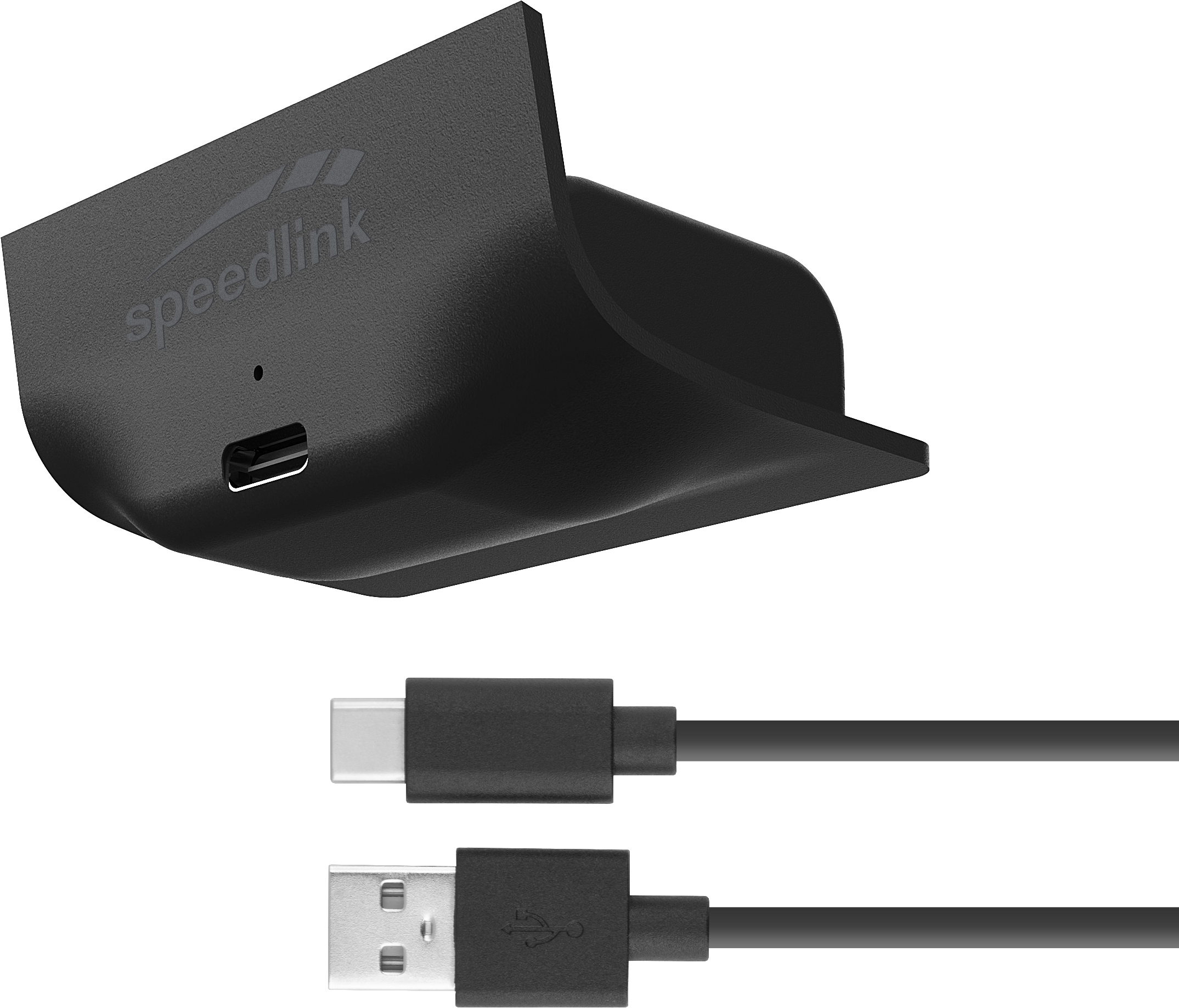 Ein schwarzes Speedlink-Gerät und ein USB-C-Kabel neben einem USB-Kabel.