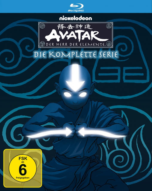 Avatar: Der Herr der Elemente Blu-ray Cover in Blau mit Charakter und Text.
