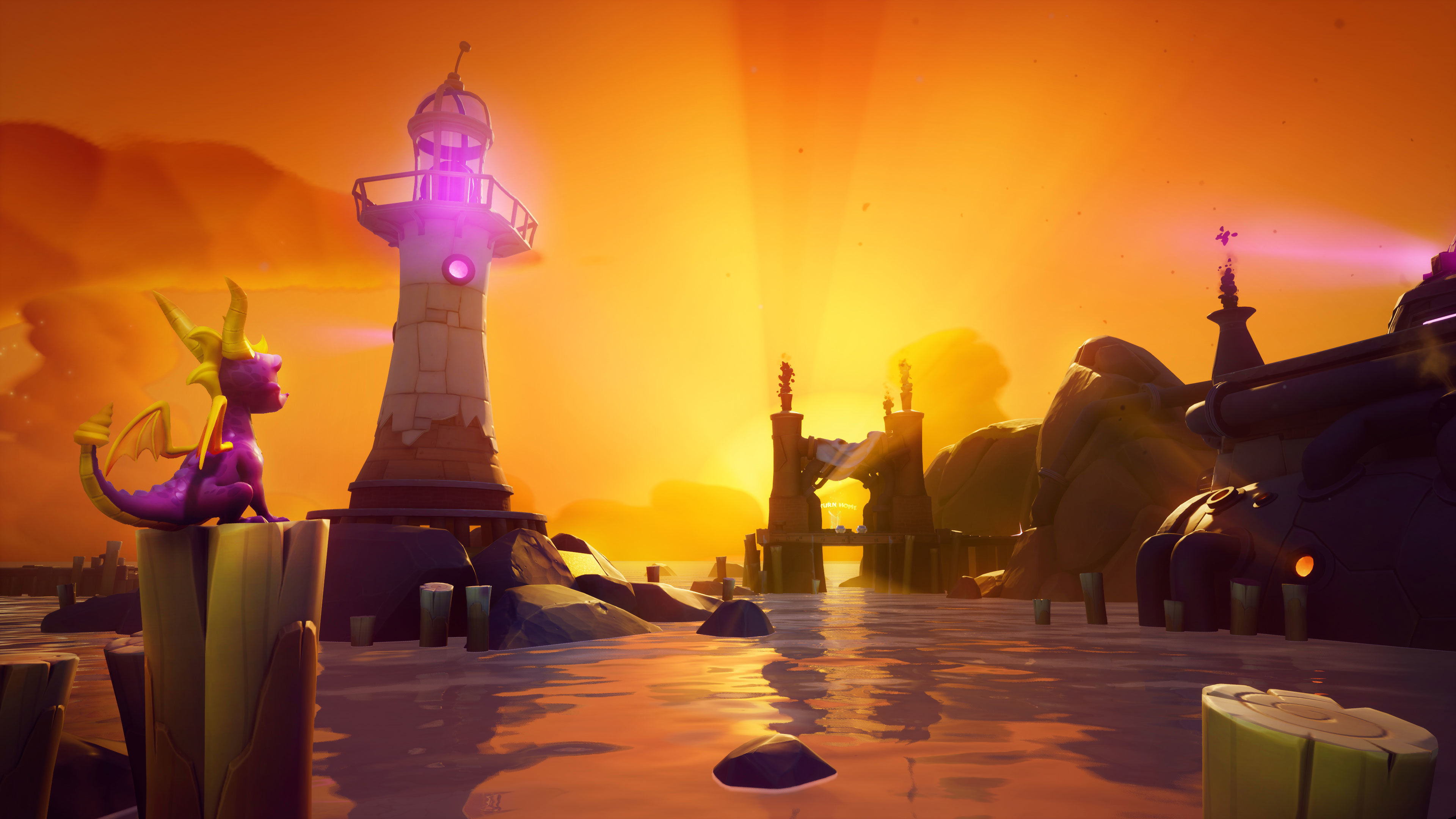 Spyro il drago su un palo di legno, faro e tramonto.