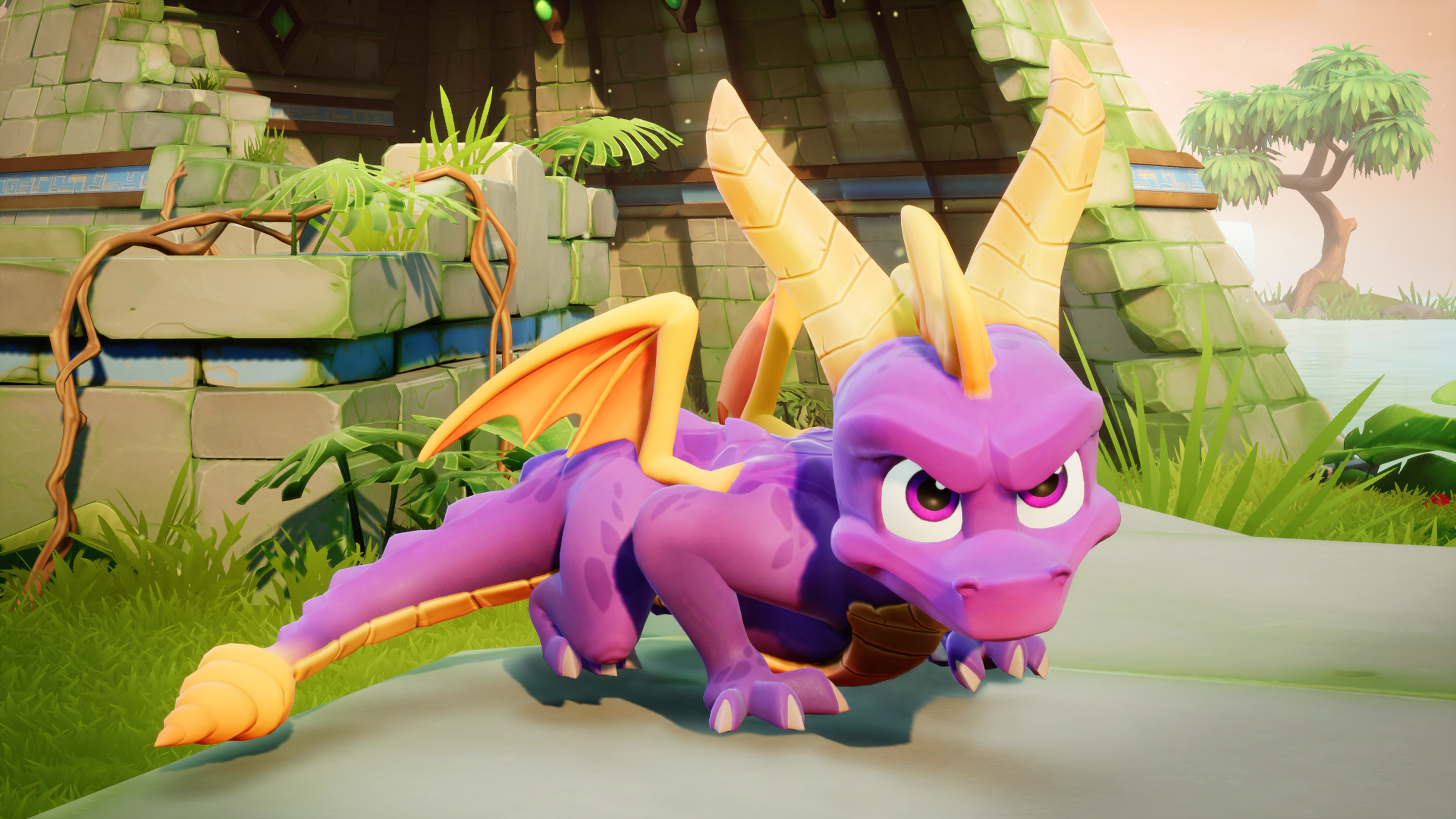 Spyro the Dragon, un drago viola, in un ambiente di gioco con sfondo verde.