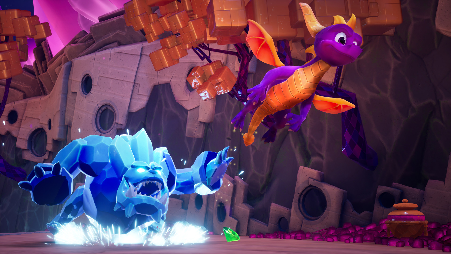 Spyro il Drago vola, di fronte a un mostro di ghiaccio blu, scena colorata.