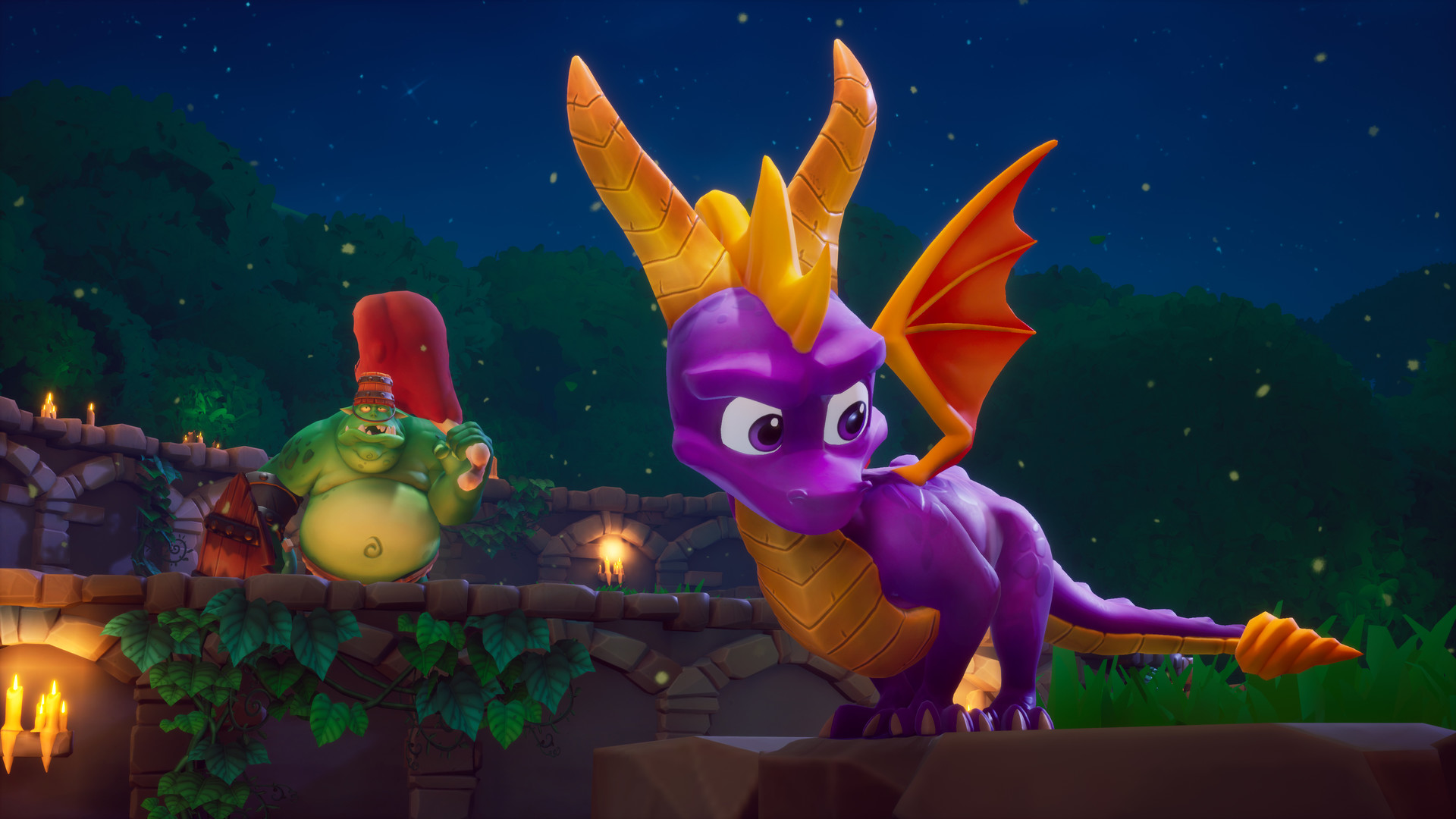Spyro e un personaggio verde in un'ambientazione forestale con torce.