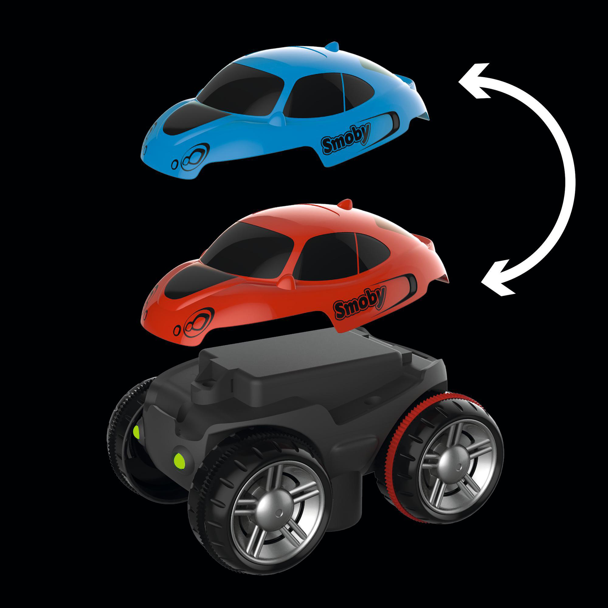 Ein Spielzeugauto mit austauschbaren Teilen in Schwarz, Rot und Blau, mit weißen Pfeilen.