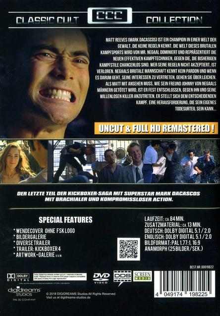 Ein Film-DVD-Cover mit Text und Bildern eines Mannes, der wütend aussieht, und mehrerer Personen in einem Kampf.
