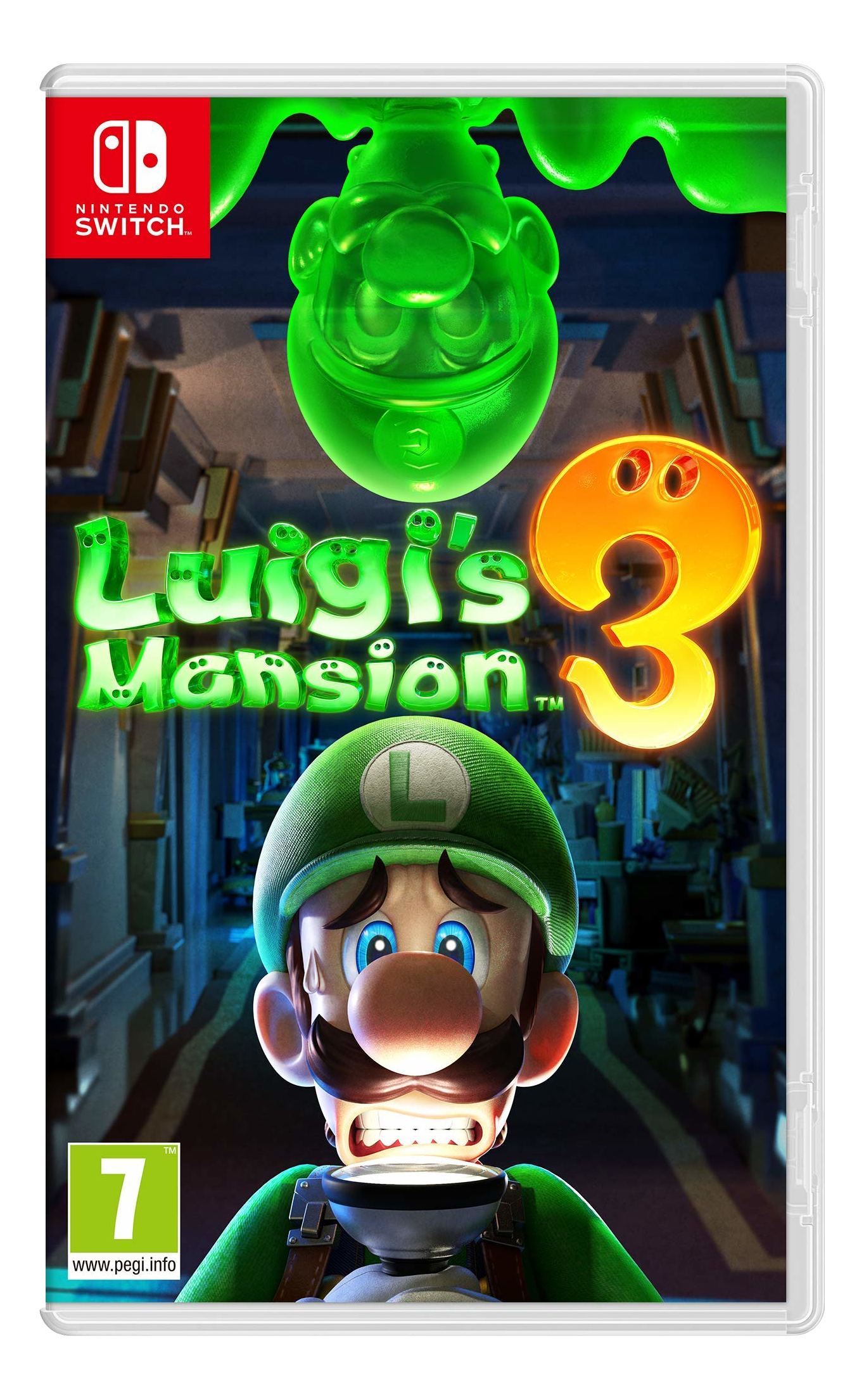 Luigi's Mansion 3-Spielcover. Luigi mit ängstlichem Gesichtsausdruck, ein Geist und die Zahl 3.