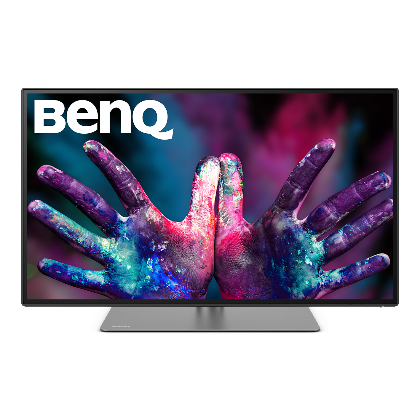BenQ Monitor mit zwei Händen, bedeckt mit bunter Farbe.
