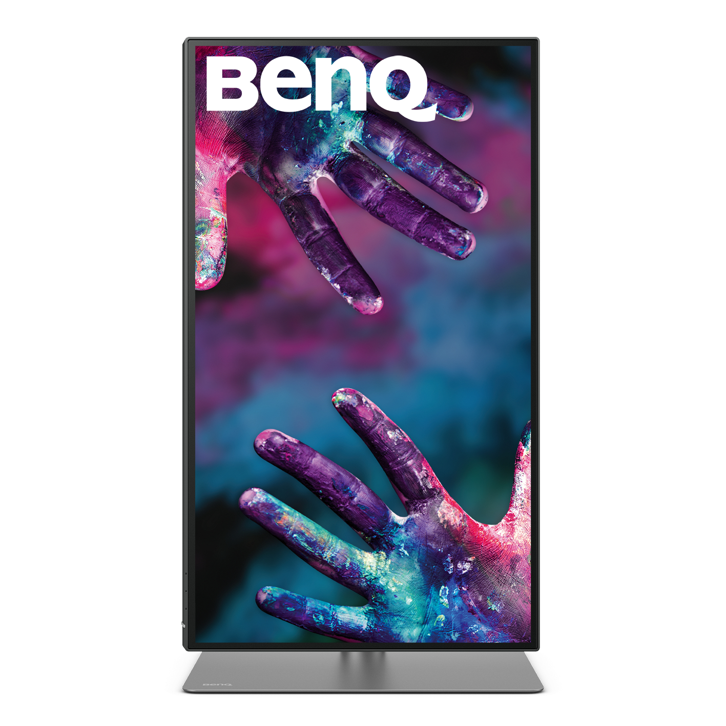 BenQ Logo über zwei Hände mit bunter Farbe auf dem Bildschirm.