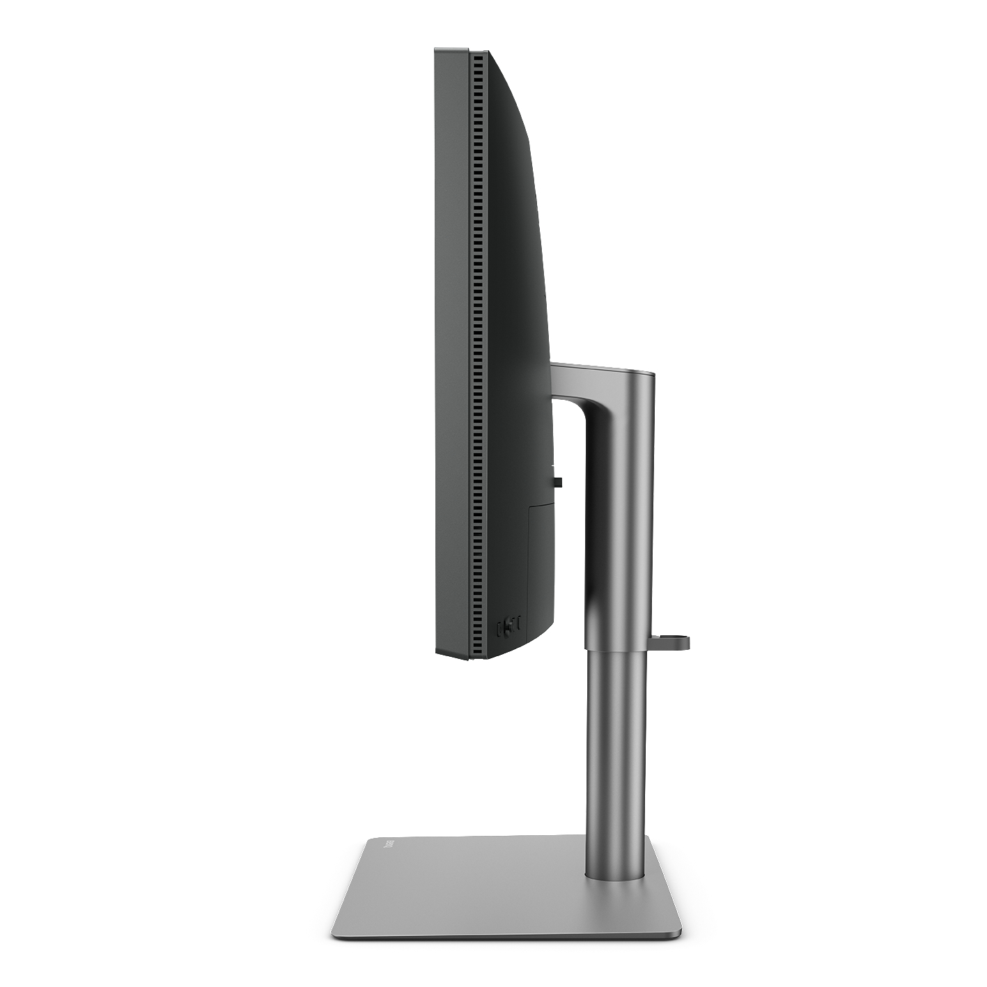 Ein seitlicher Blick auf einen schwarzen Monitor mit silbernem Ständer und Basis.