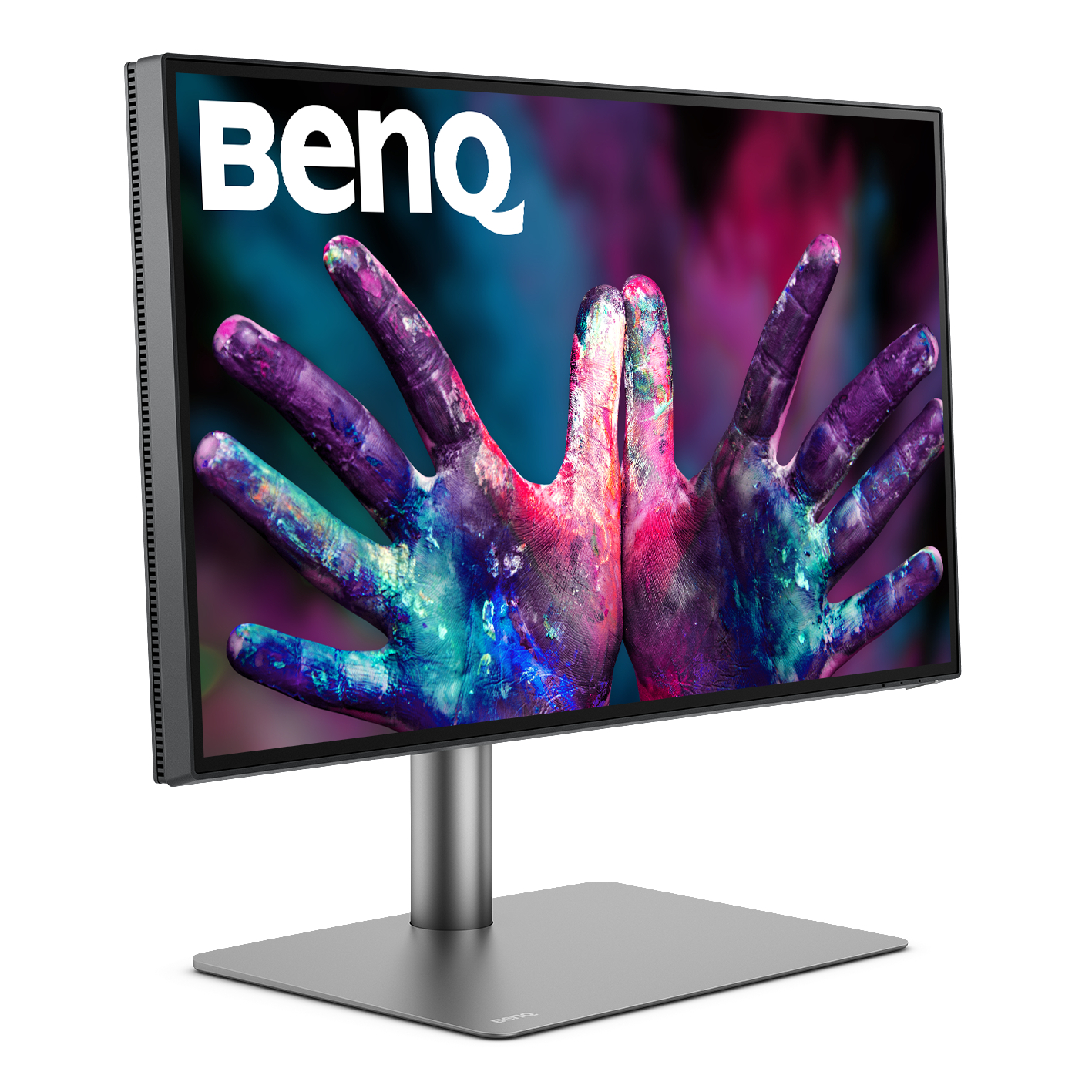 Ein Monitor zeigt Hände mit bunter Farbe. BenQ Logo oben links.