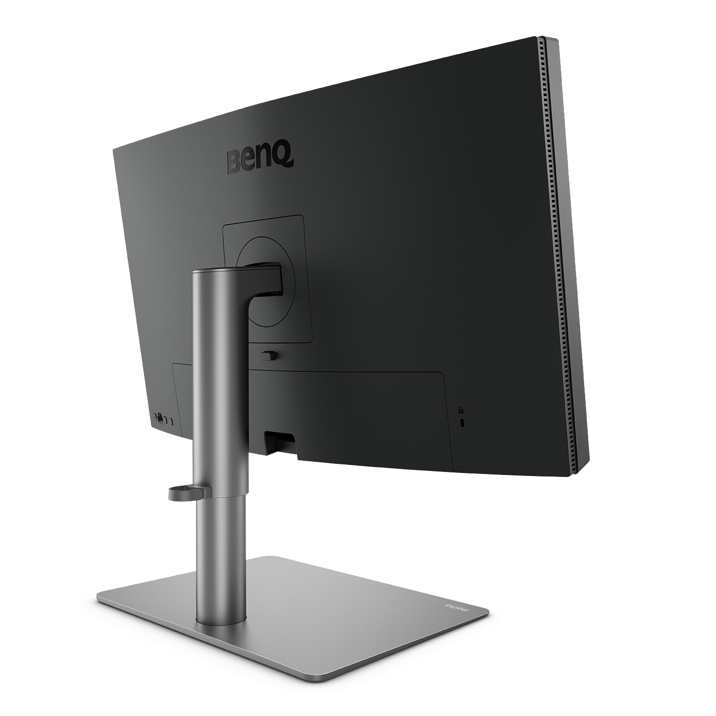 Rückseite eines schwarzen Monitors mit silbernem Ständer auf grauem Sockel.