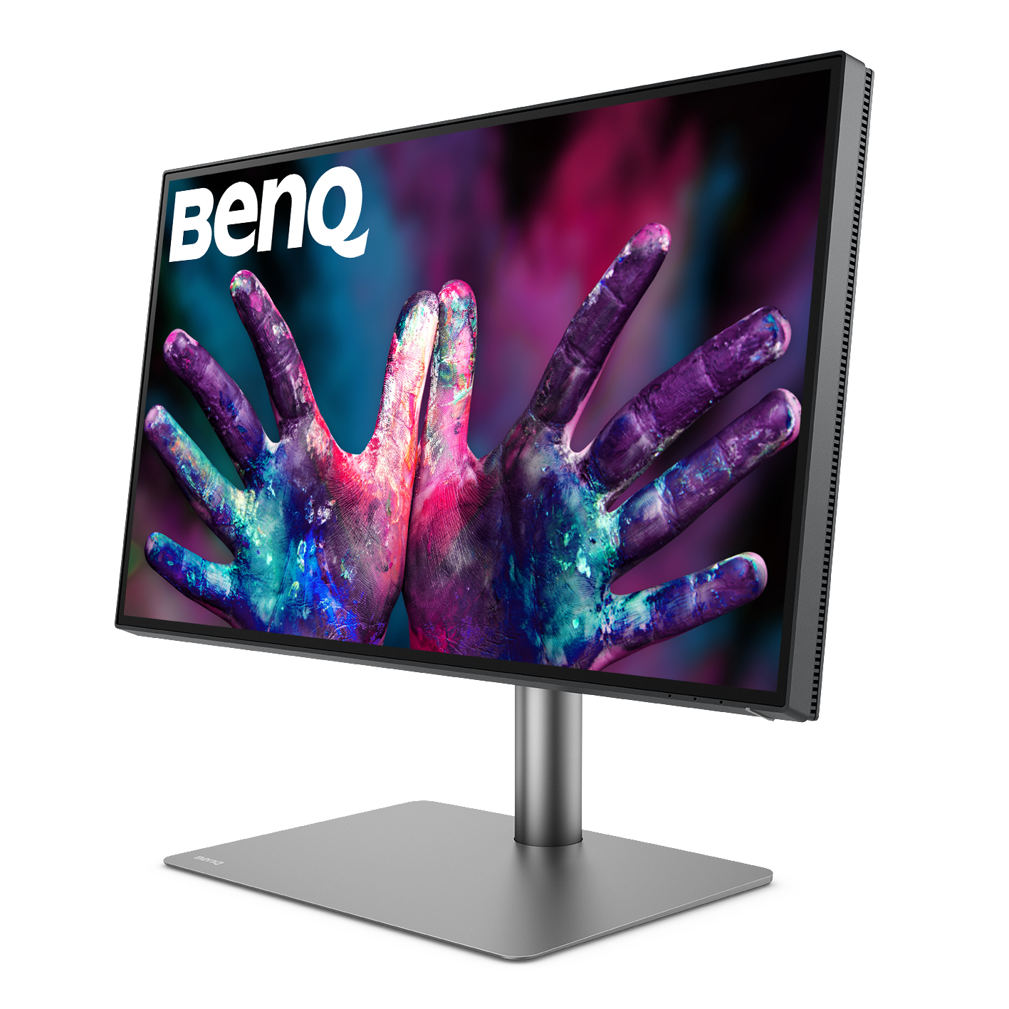 Ein BenQ-Monitor mit einem bunten Bild von Händen mit Farbe. Grauer Ständer.